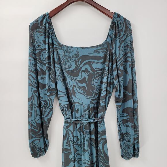 Ava & Viv‎ Swirl Maxi Dress Womens 1X Blue Mesh Ruched Long Balloon Sleeve - Picture 10 of 16